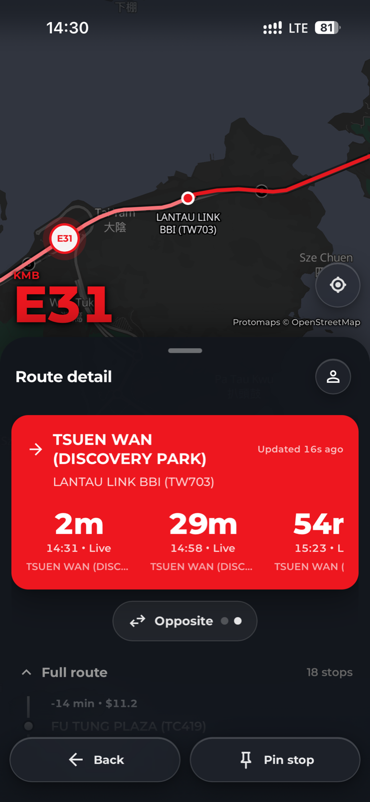 Travelers route detail with live arrivals